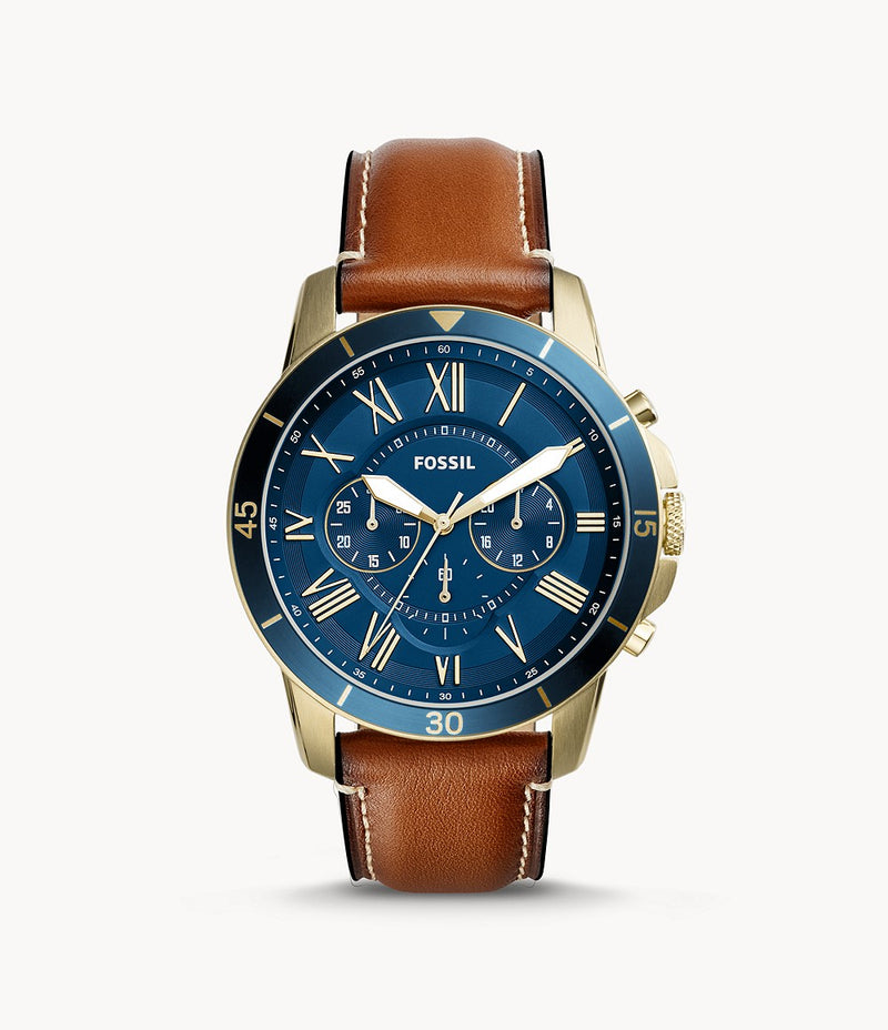 Fossil Grant Reloj cronógrafo de piel para hombre con esfera azul FS5268