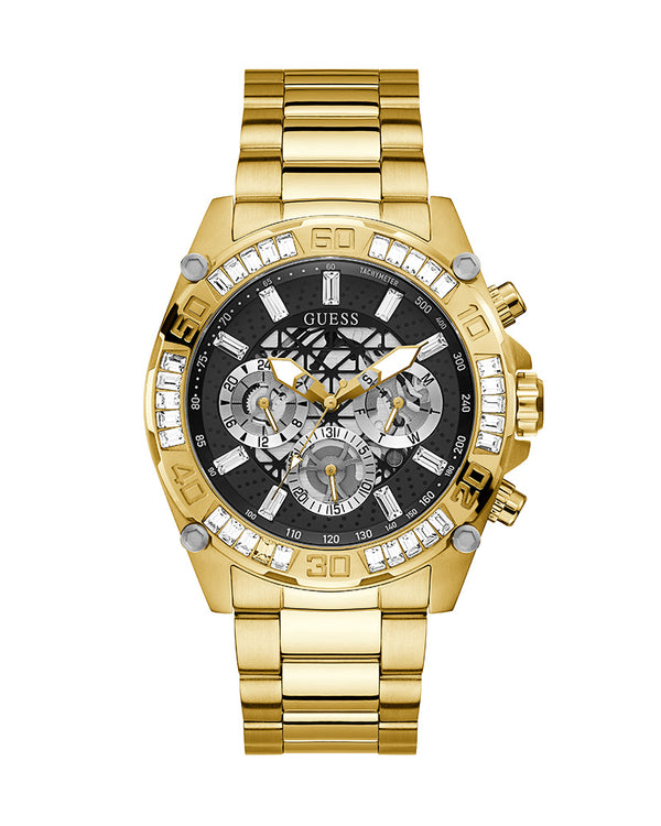 Guess Men's Watch Gold Case with Crystals Black Multi-Function Dial Gold Steel Bracelet Men's Watch  GW0390G2 - Watches of America