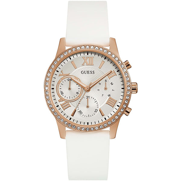 Guess Solar Rose Gold White Dial White Rubber Strap Women's Watch  W1135L1 - Watches of America