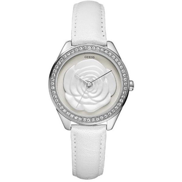 Guess Rosette White Dial Leather Strap Ladies Watch  W75043L1 - Watches of America