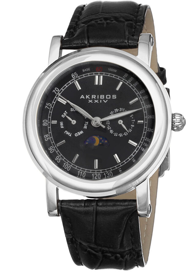 Akribos Black Dial Stainless Steel Black Leather Men's Watch #AK632SSB - Watches of America