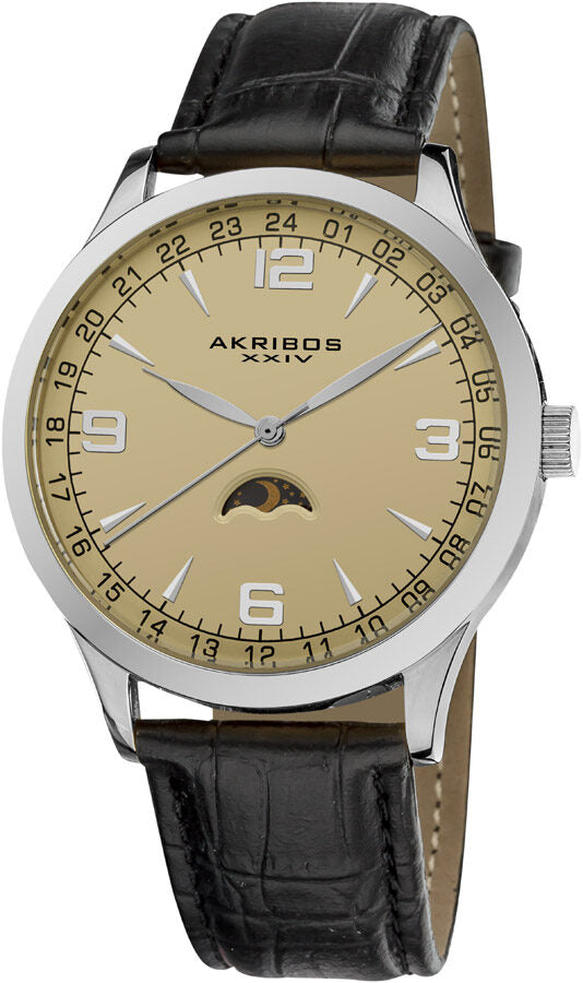 Akribos Champagne Dial Black Leather Men's Watch #AK637SSW - Watches of America