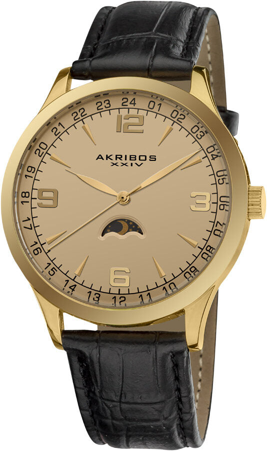Akribos Champagne Dial Black Leather Men's Watch #AK637YG - Watches of America