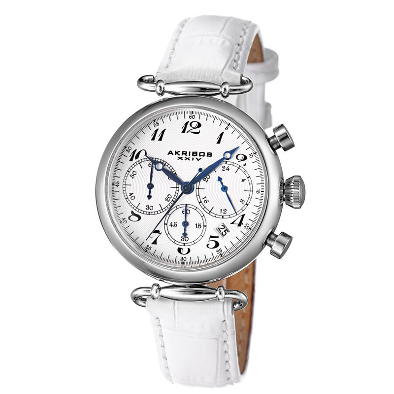 Akribos Chronograph White Dial  White Leather Ladies Watch #AK630SSW - Watches of America