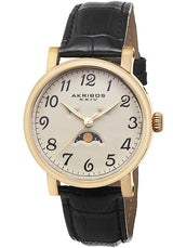 Akribos Cream Dial Gold Tone Stainless Steel Black Leather Men's Watch #AK633YG - Watches of America