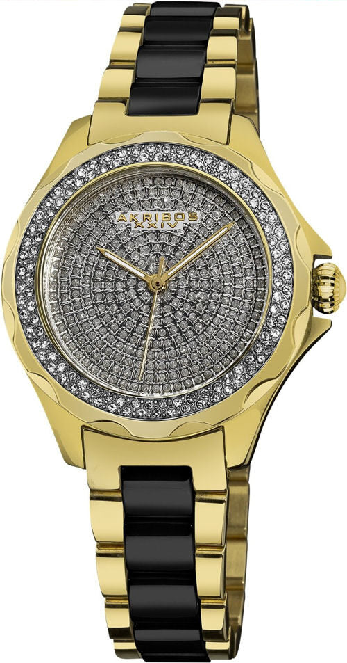 Akribos Diamond Gold-Tone Stainless Steel and Black Ceramic Ladies Watch #AK534YG - Watches of America