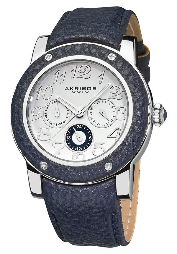 Akribos GMT Multi-Function Blue Leather Ladies Watch #AK560BU - Watches of America