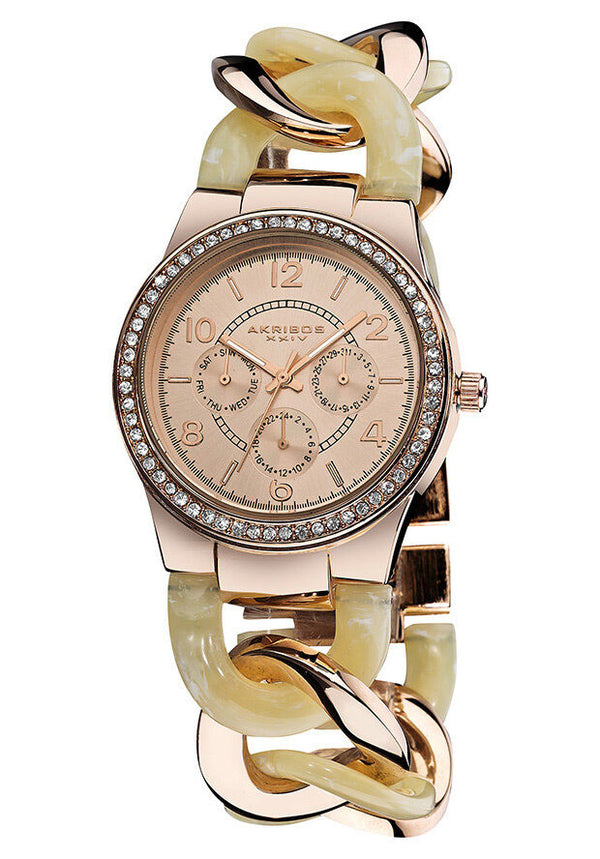Akribos GMT Multi-Function Ivory Resin and Rose Gold-tone Ladies Watch #AK562RG - Watches of America