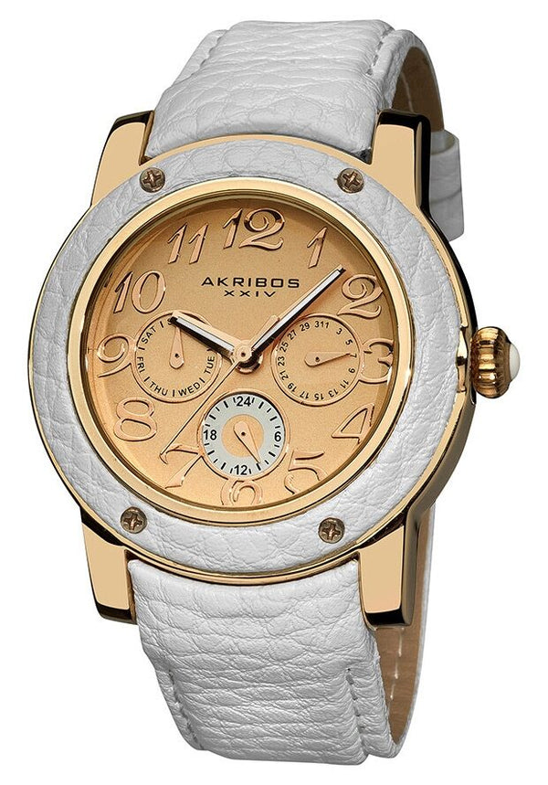 Akribos GMT Multi-Function White Leather Ladies Watch #AK560WT - Watches of America