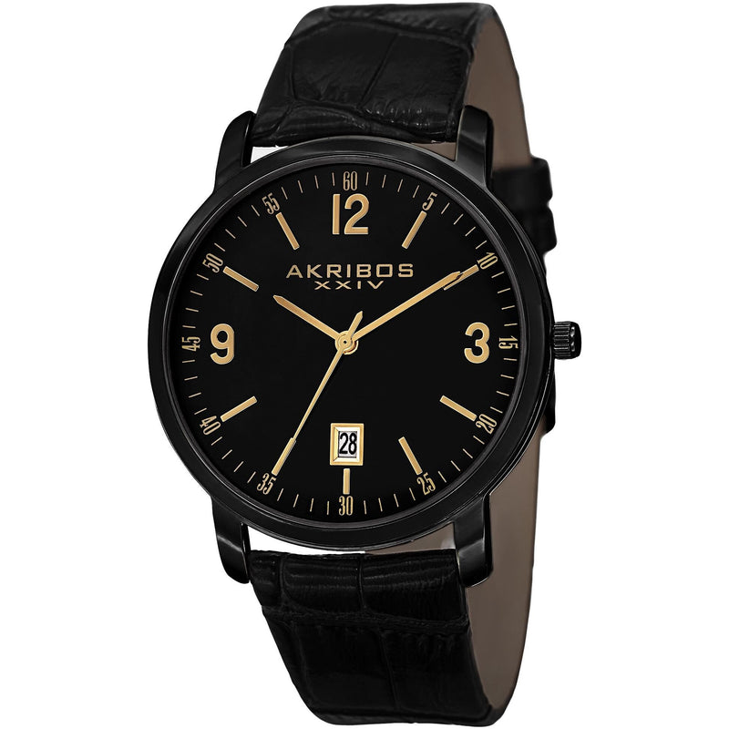 Akribos XXIV Black Dial Black Leather Quartz Men's Watch #AK780BK - Watches of America