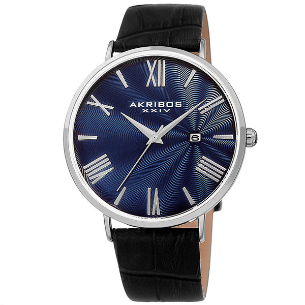 Akribos XXIV Waves Blue Dial Black Leather Men's Watch #AK1041SSBU - Watches of America