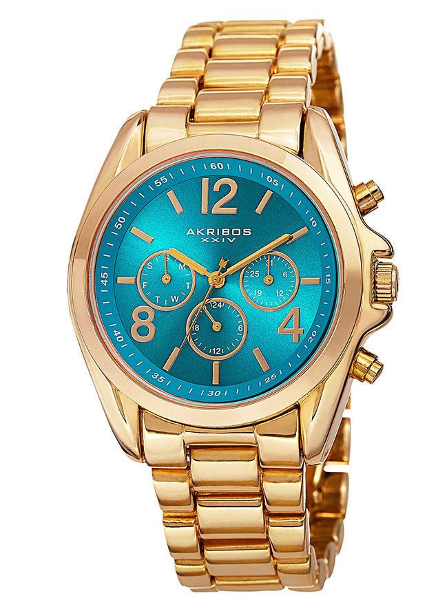 Akribos XXIV Blue Dial Yellow Gold-Tone Multi-Function Ladies Watch #AK760YGTQ - Watches of America