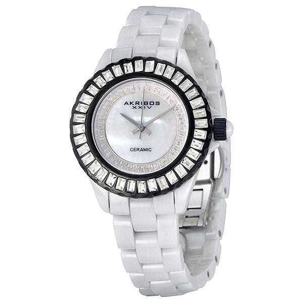 Akribos XXIV Ceramic White Mother of Pearl Dial Ladies Watch #AK518BKW - Watches of America