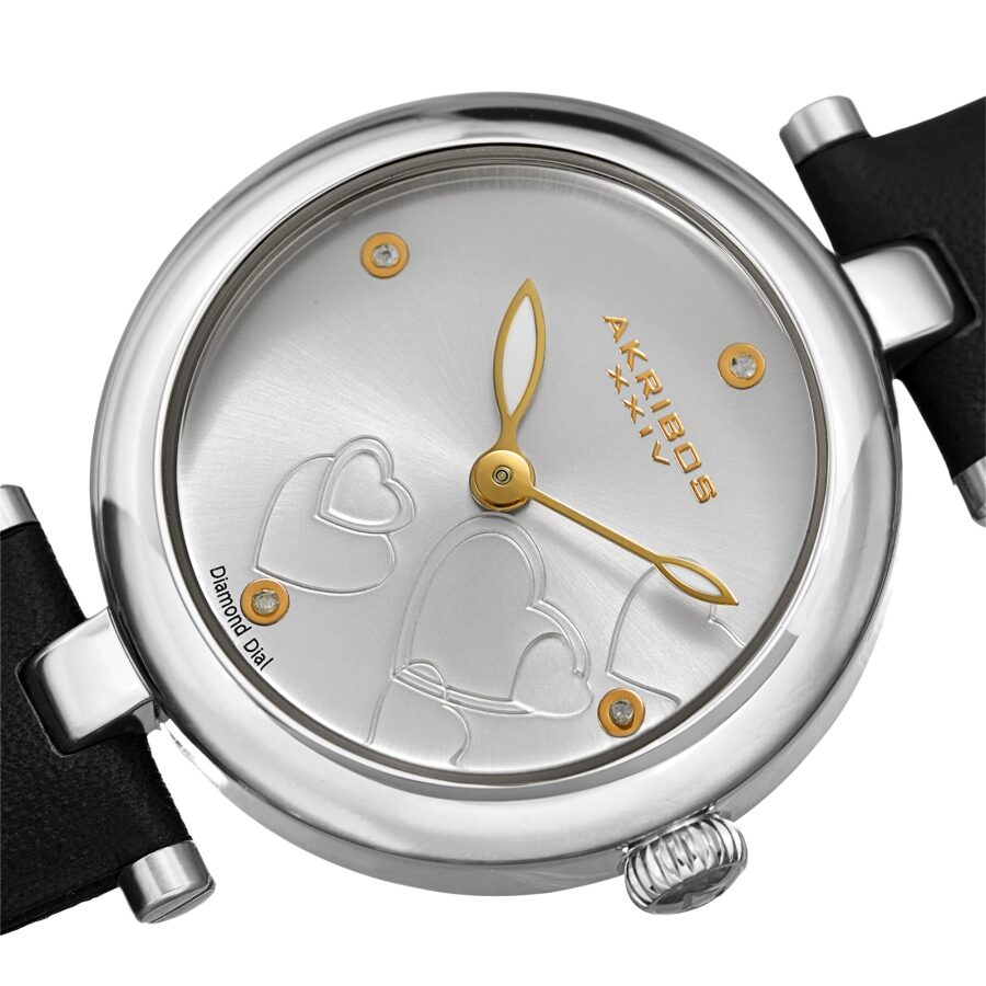 Akribos Xxiv Diamond Silver Dial Black Leather Ladies Watch