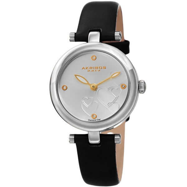 Akribos XXIV Diamond Silver Dial Black Leather Ladies Watch #AK1044SSB - Watches of America