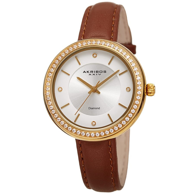 Akribos XXIV Quartz Diamond Crystal White Dial Ladies Watch #AK1067BR - Watches of America