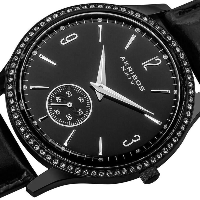 Akribos XXIV Essential Crystal Quartz Black Leather Strap Men's Watch #AK606BK - Watches of America #2