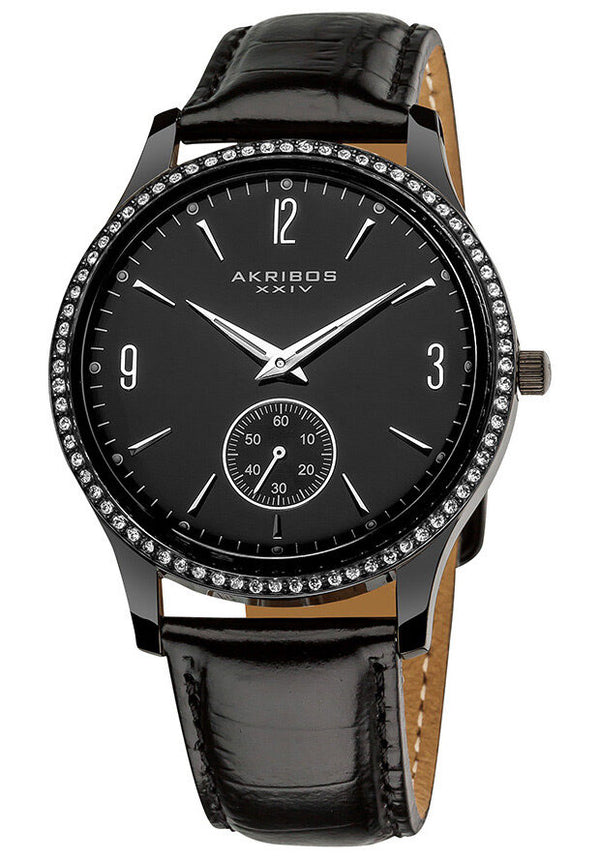 Akribos XXIV Essential Crystal Quartz Black Leather Strap Men's Watch #AK606BK - Watches of America