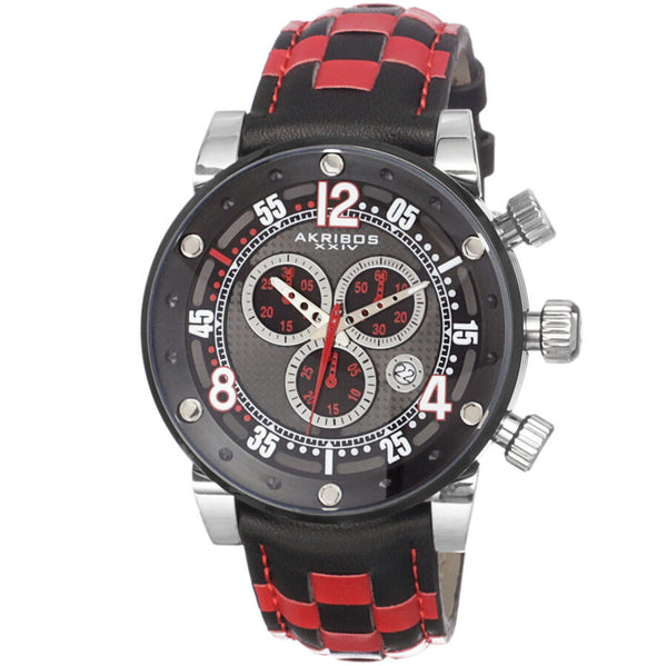 Akribos XXIV Explorer Chronograph Black Dial Checkered Leather Men's Watch #AK612RD - Watches of America