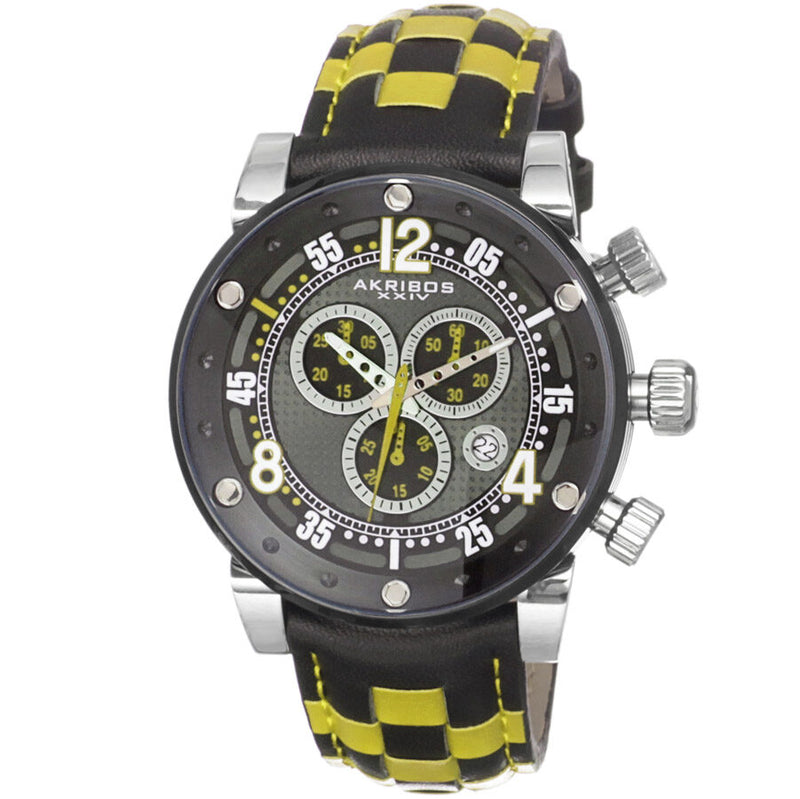 Akribos XXIV Explorer Chronograph Steel Black and White Checkered Leather Strap Watch #AK612YL - Watches of America