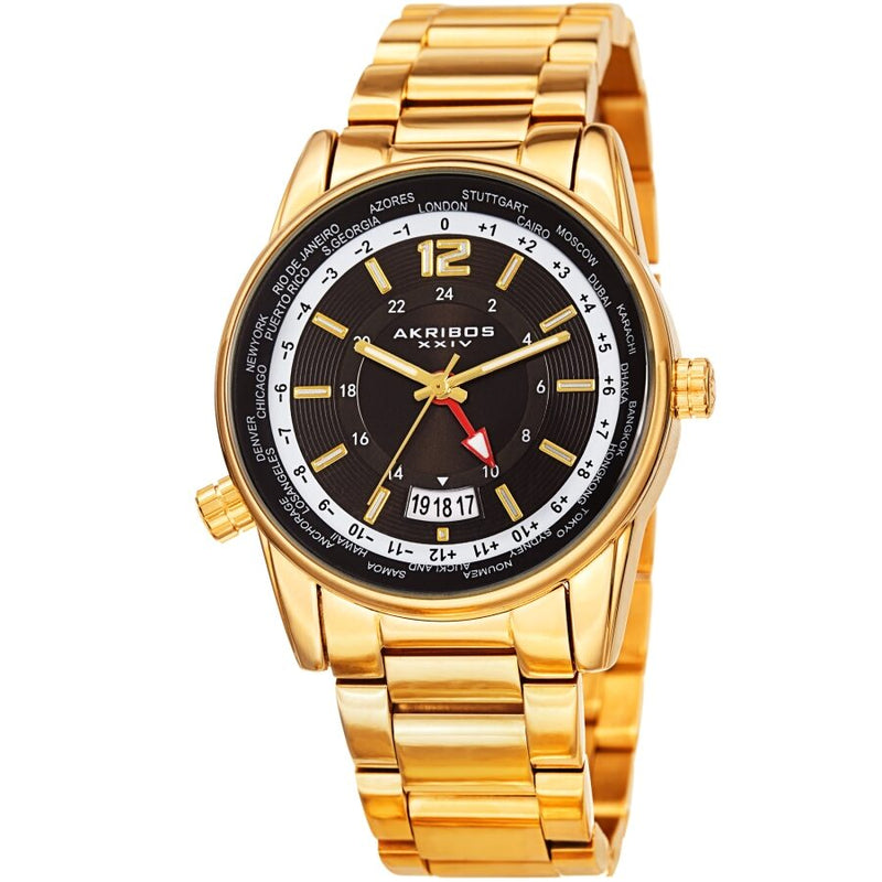 Akribos XXIV World Time Quartz Black Dial Men's Watch #AK1021YGB - Watches of America