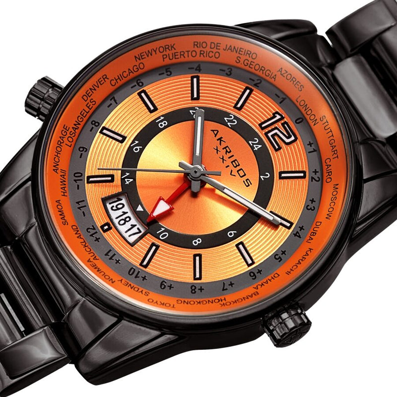 Akribos XXIV World Time Quartz Orange Dial Men's Watch #AK1021GNOR - Watches of America #2
