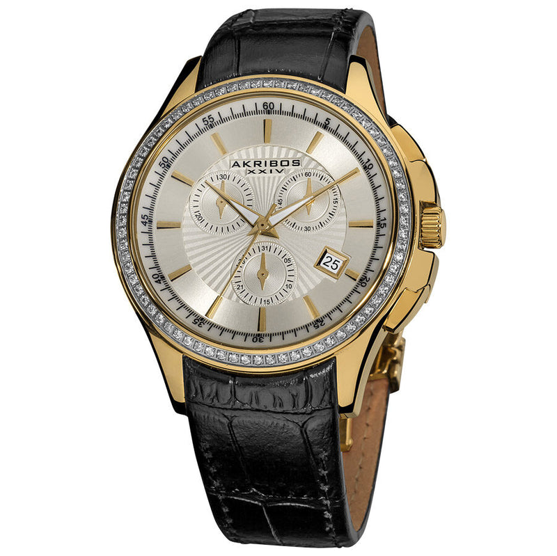 Akribos XXIV Grandiose Crystal Chronograph Steel Black Leather Strap Men's Watch #AK615YG - Watches of America