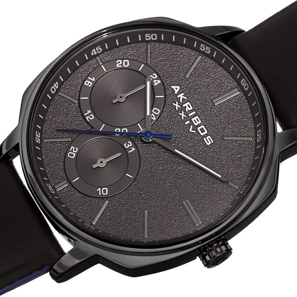 Akribos XXIV Quartz Grey Dial Black Leather Men's Watch #AK1022BK - Watches of America #2