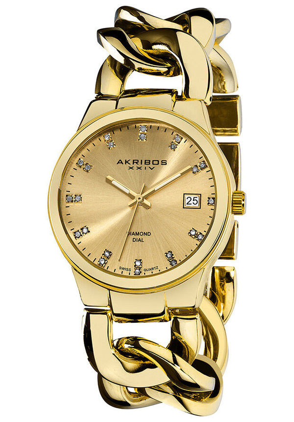 Akribos XXIV Impeccable Diamond Swiss Quartz Twist Chain Bracelet Ladies Watch #AK608YG - Watches of America