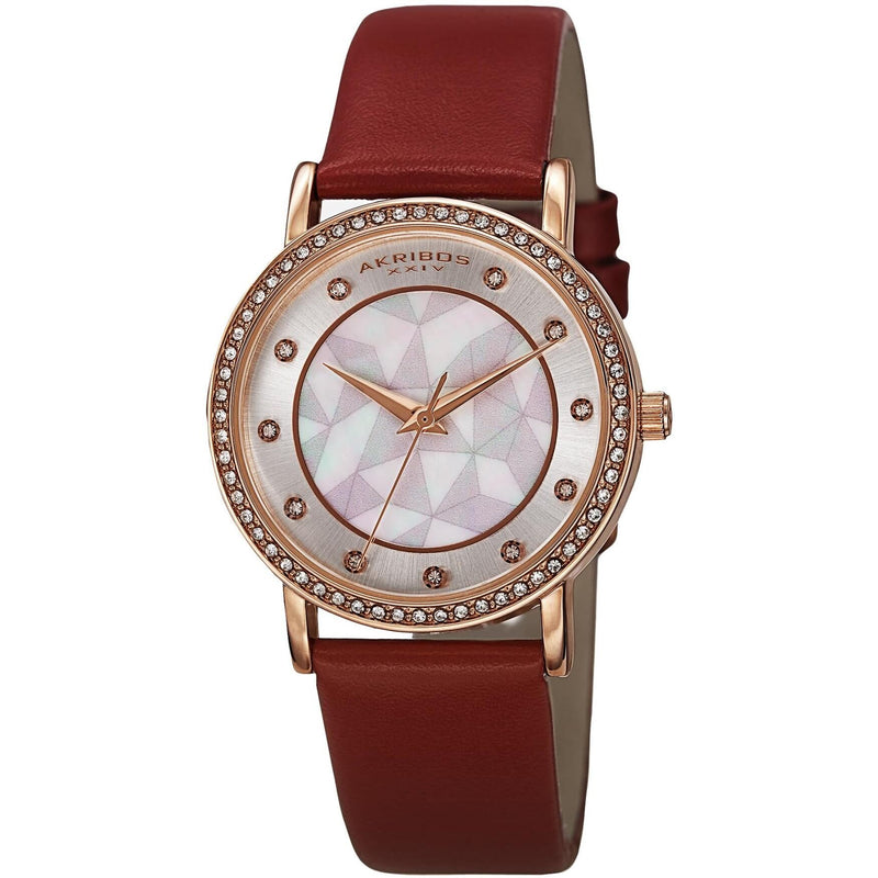 Akribos XXIV Mother of Pearl Dial Red Leather Ladies Watch #AK791RD - Watches of America