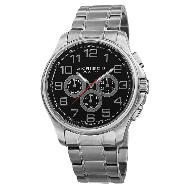 Akribos XXIV Multi-Function Black Dial Silver-tone Alloy Men's Watch #AK748SSB - Watches of America