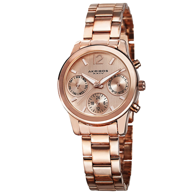 Akribos XXIV Multi-Function Rose Dial Rose Gold-tone Alloy Ladies Watch #AK709RG - Watches of America