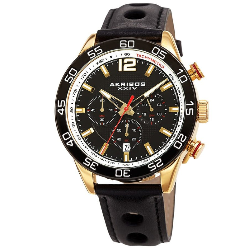 Akribos XXIV Quartz Black Dial Black Leather Men's Watch #AK1097YGB - Watches of America