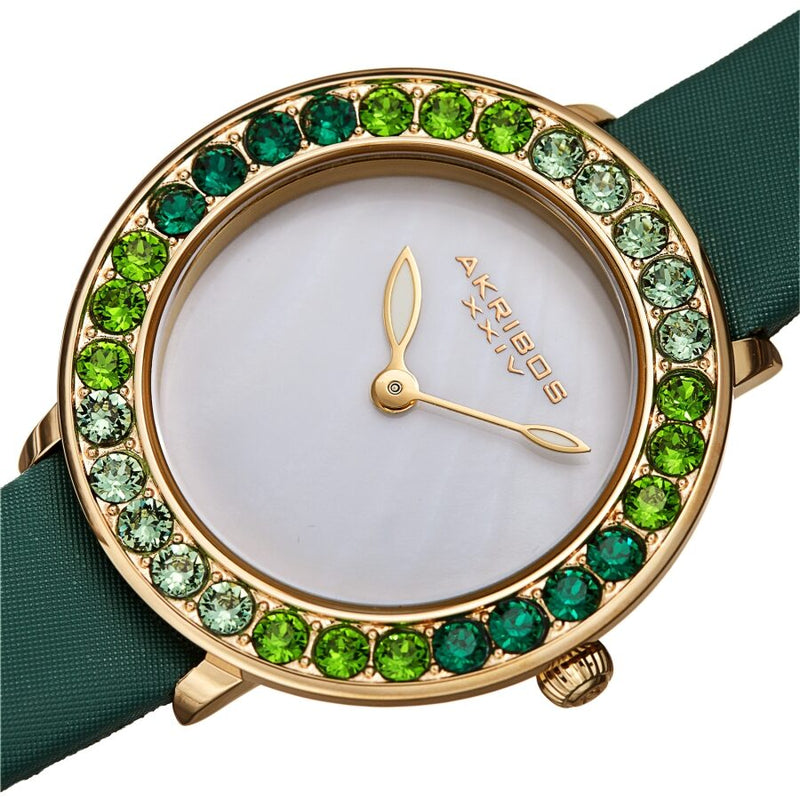 Akribos XXIV Quartz White Dial Green Leather Ladies Watch #AK1093GN - Watches of America #2