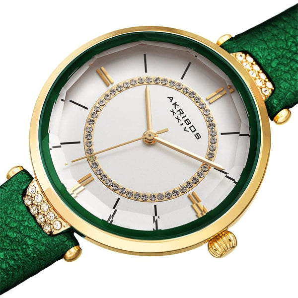 Akribos XXIV Quartz White Dial Green Leather Ladies Watch #AK1116GN - Watches of America #2