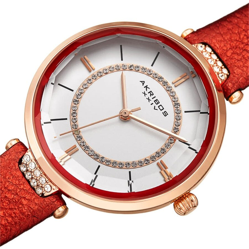Akribos XXIV Quartz White Dial Red Leather Ladies Watch #AK1116RD - Watches of America #2