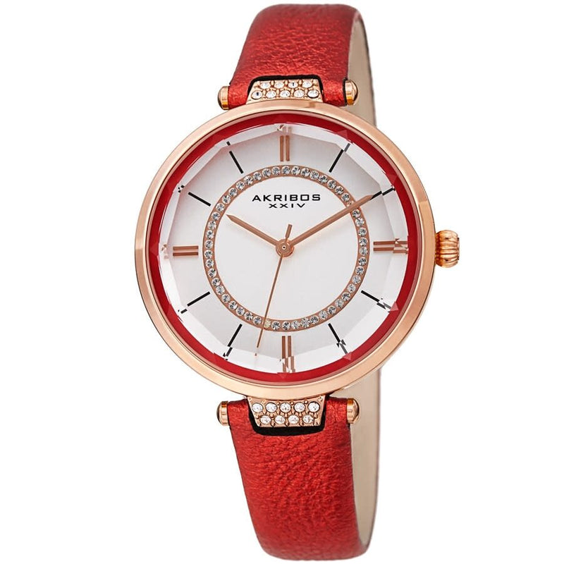 Akribos XXIV Quartz White Dial Red Leather Ladies Watch #AK1116RD - Watches of America