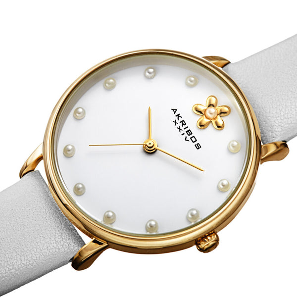 Akribos XXIV Quartz White Dial White Leather Ladies Watch #AK1084WT - Watches of America #2