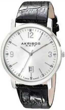 Akribos XXIV Silver Dial Black Leather Quartz Men's Watch #AK780SS - Watches of America