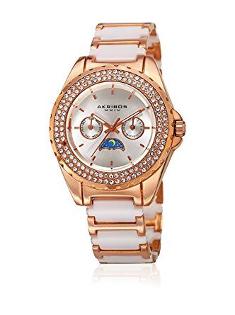 Akribos XXIV Silver Dial Rose Gold-Tone Ceramic Ladies Watch #AK961RGWT - Watches of America