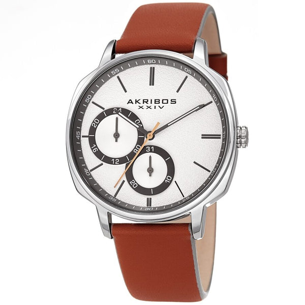 Akribos XXIV Quartz Silver Dial Brown Leather Men's Watch #AK1022TN - Watches of America