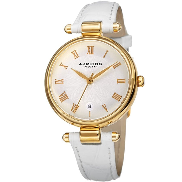 Akribos XXIV Quartz White Dial White Leather Ladies Watch #AK1070WT - Watches of America