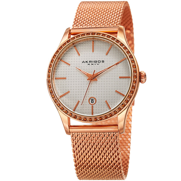 Akribos XXIV White Square-Textured Ladies Rose Gold Tone Watch #AK967RG - Watches of America