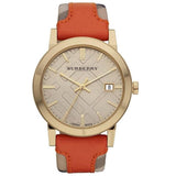 Burberry Women's Swiss Haymarket Check Fabric and Smooth Orange Leather Strap Women's Watch  BU9016 - Watches of America