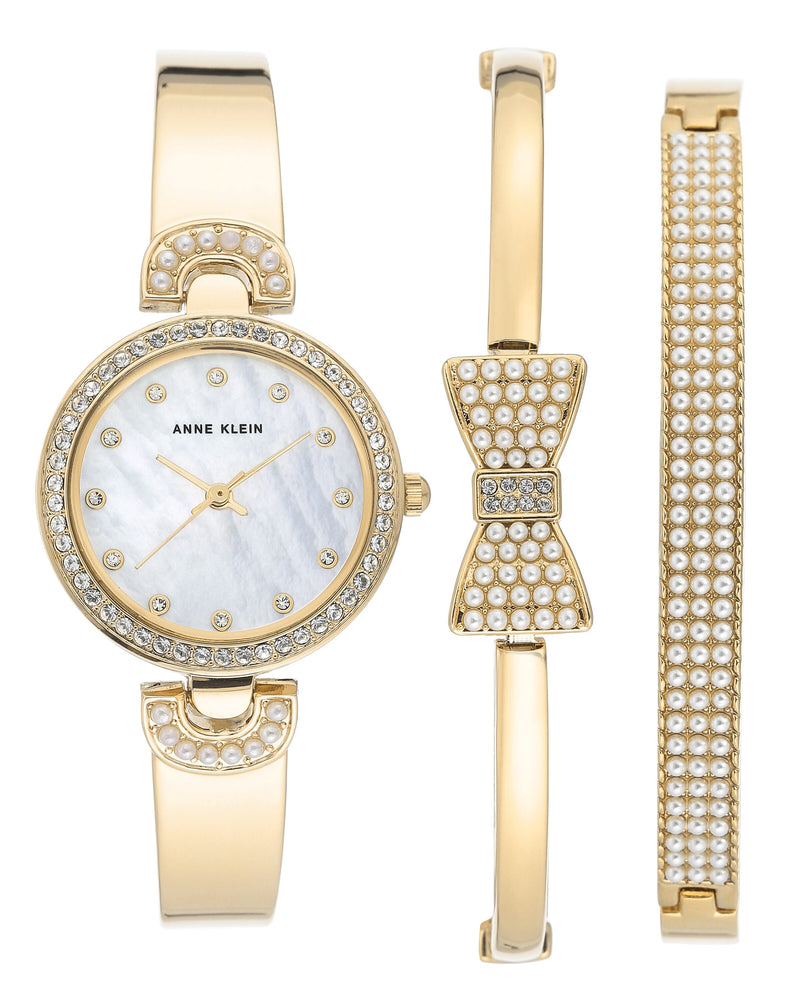Anne Klein Ladies Mother of Pearl Crystal Dial Ladies Watch Jewelry Set #AK/3466GPST - Watches of America