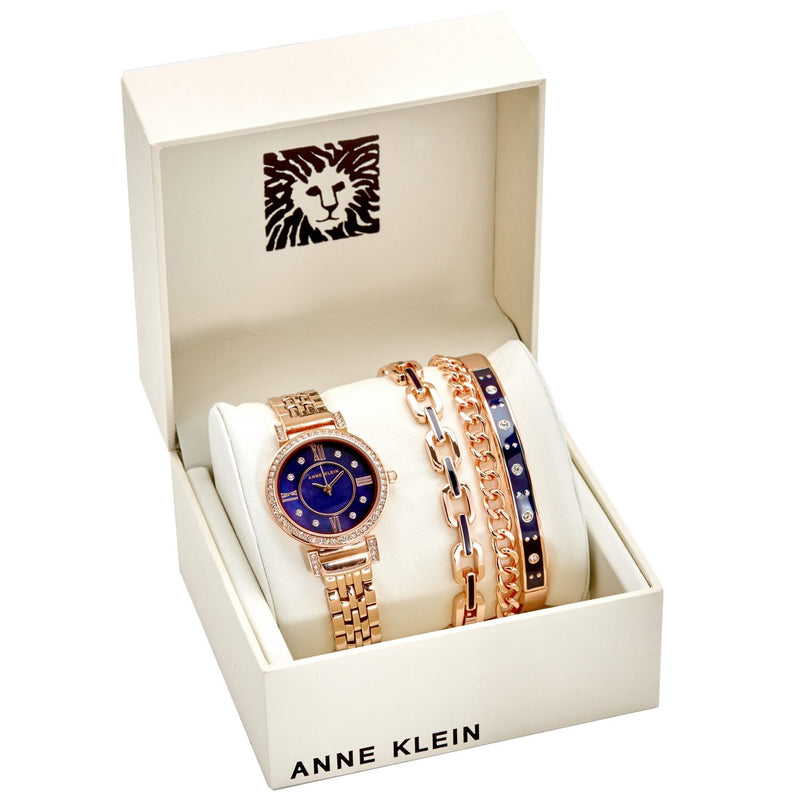 Anne Klein Navy Mother of Pearl Crystal Dial Ladies Watch and Bracelet Set #AK/3400NRST - Watches of America