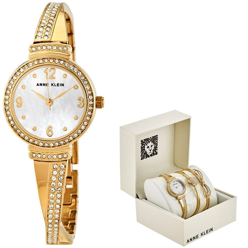 Anne Klein Quartz Crystal White Mother of Pearl Dial Ladies Watch and Bracelet Set #AK/3178GBST - Watches of America