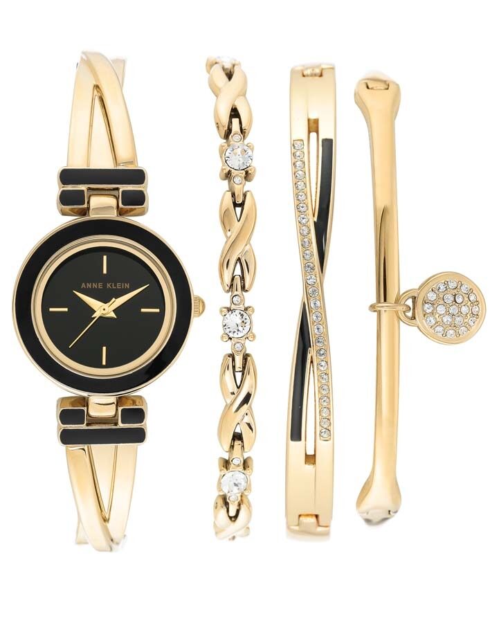 Anne Klein Quartz Black Dial Ladies Watch and Bracelet Set  #AK/3576BKST - Watches of America