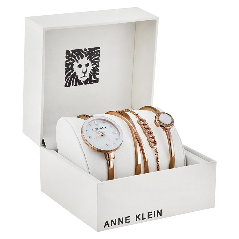 Anne Klein White Mother of Pearl Crystal Dial Ladies Watch Set #AK/3402WRST - Watches of America