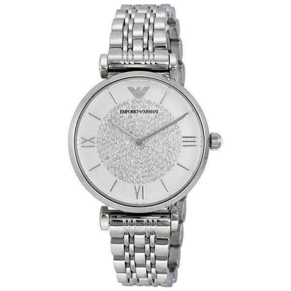 Armani White Crystal Pave Dial Stainless Steel Ladies Watch #AR1925 - Watches of America